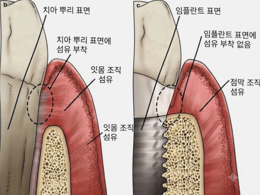 자연치아와 임플란트 구조 비교 이미지